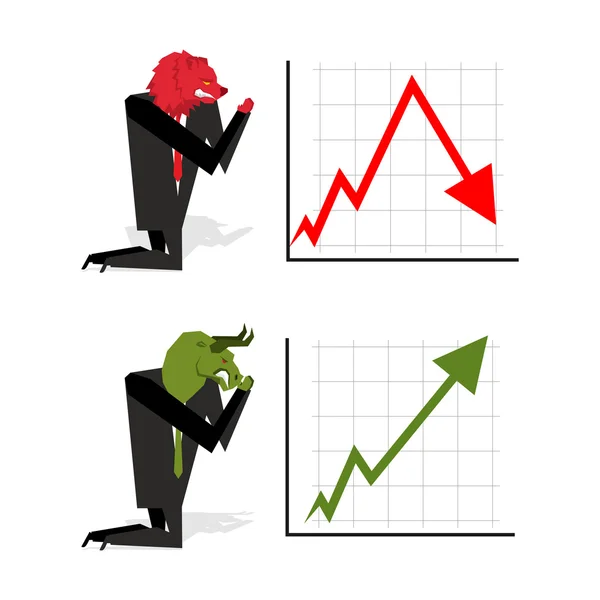 Bull and Bear pray to bet on stock exchange.Green up arrow. Red Стоковый Вектор