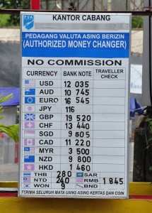 Курсы валют (Доллар, Евро, Йена, Фунт и др.) на Бали в обменных пунктах, дукабрь 2013 г.